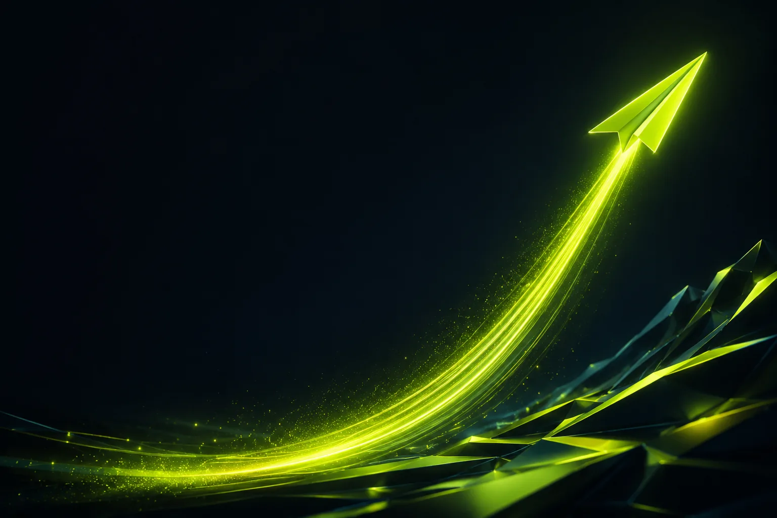 A glowing green paper plane climbing a rising light trail on a dark background, a crash-game multiplier motif