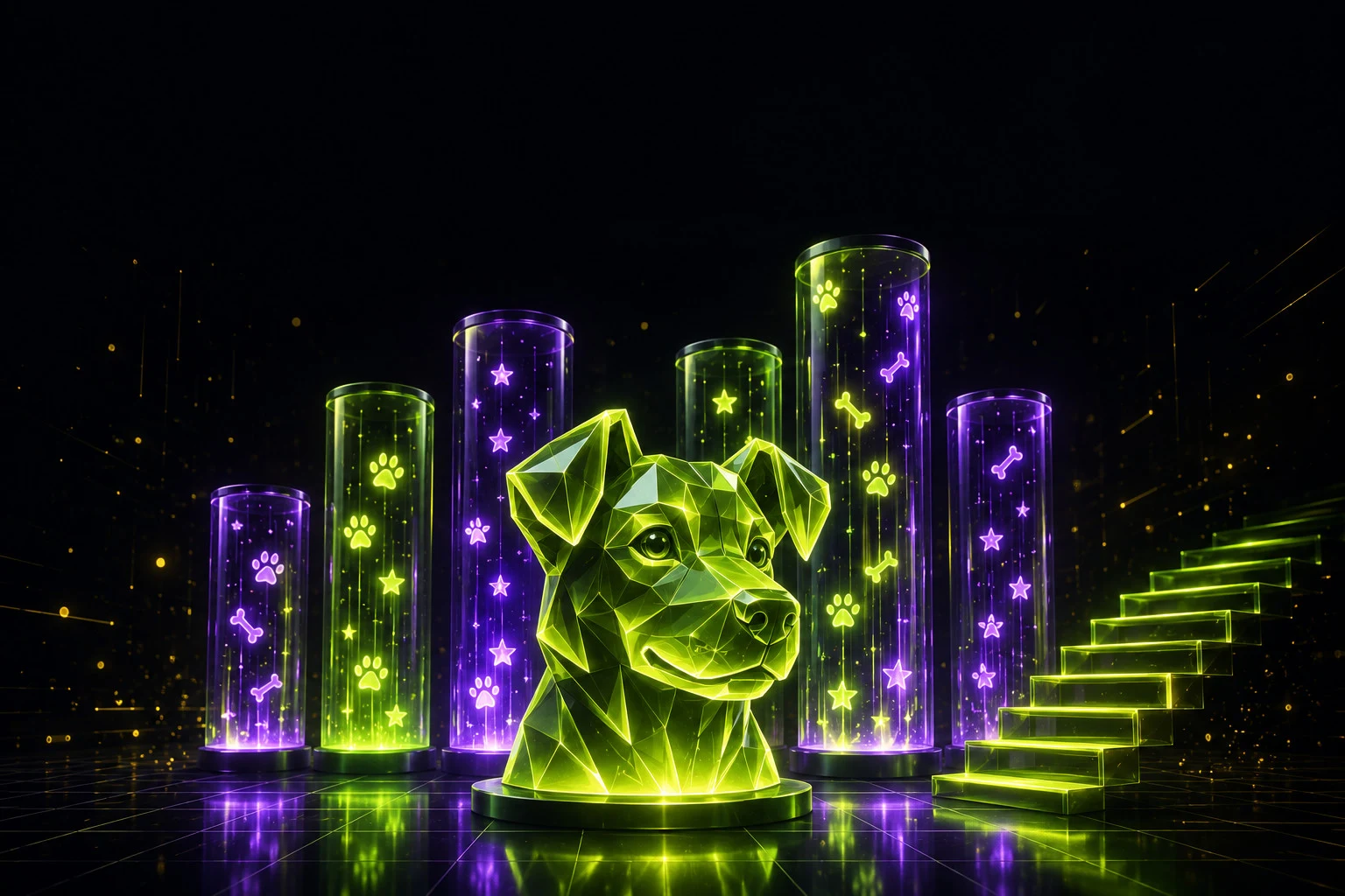 Ein neonlimonenfarbener stilisierter Hundekopf vor leuchtenden gläsernen Walzensäulen unterschiedlicher Höhe auf dunklem Hintergrund — ein Megaways-Motiv