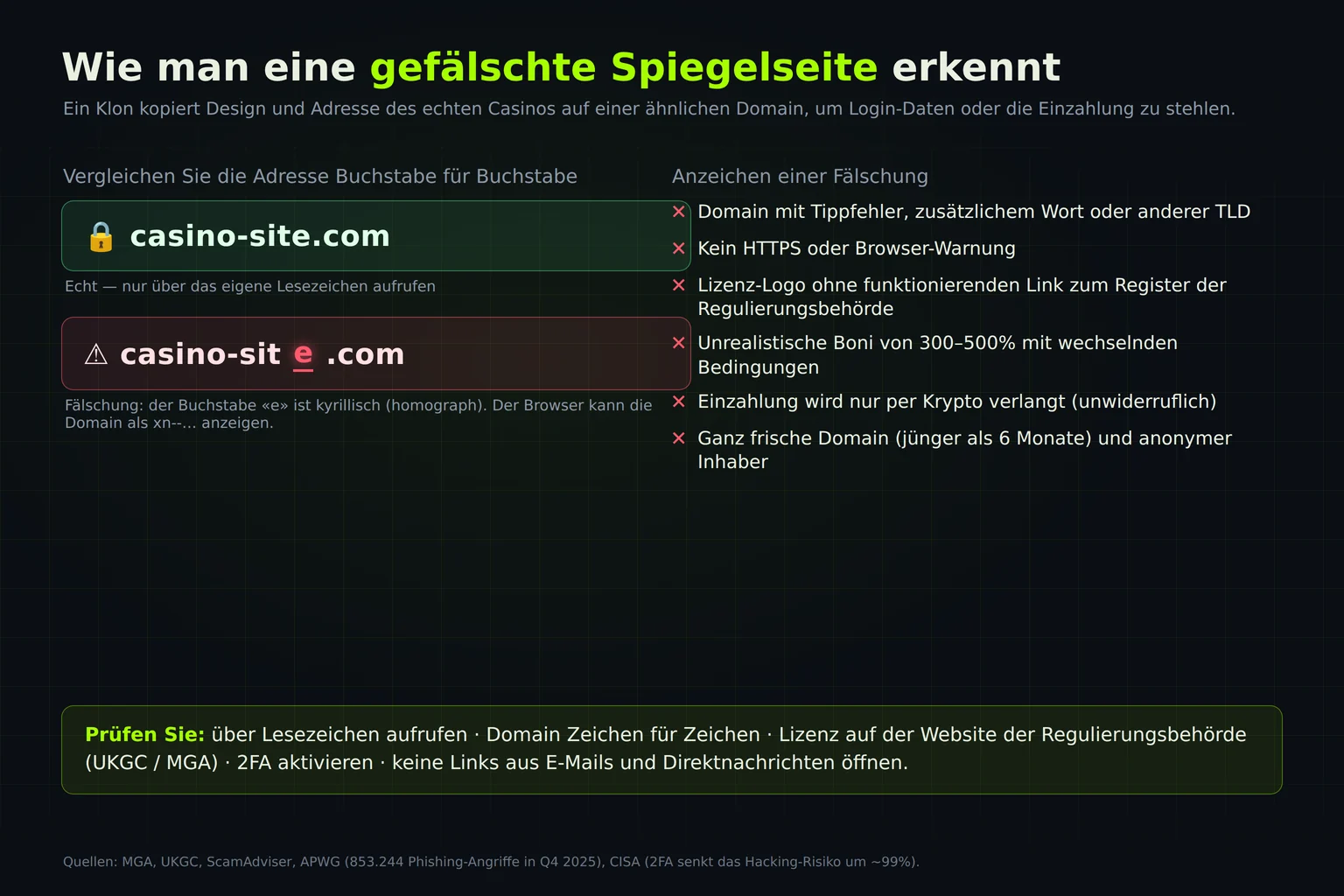 Wie man eine gefälschte Spiegelseite erkennt: echte und falsche Domain, Merkmale