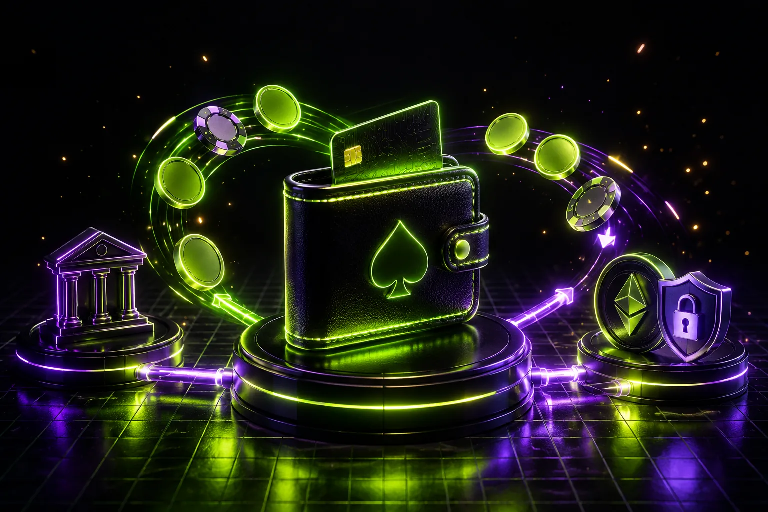 Neon-3D-Wallet mit Karte, Münzen und Casino-Chips – Bezahlen im Online-Casino