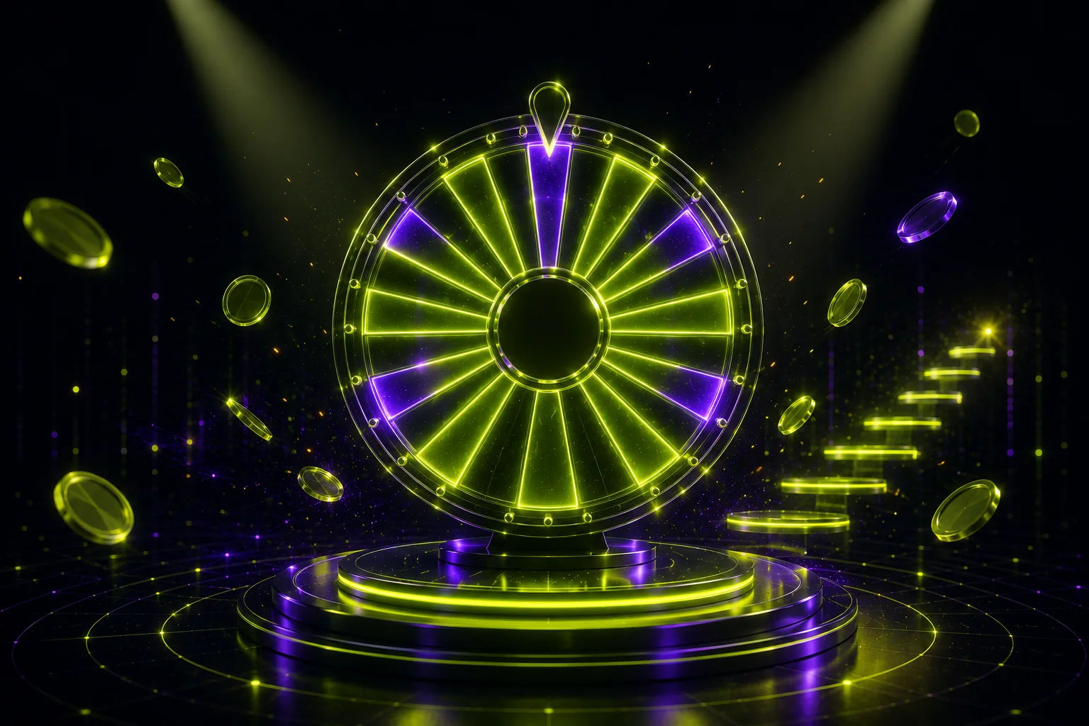 Live game show: ruota della fortuna in studio con bagliore al neon