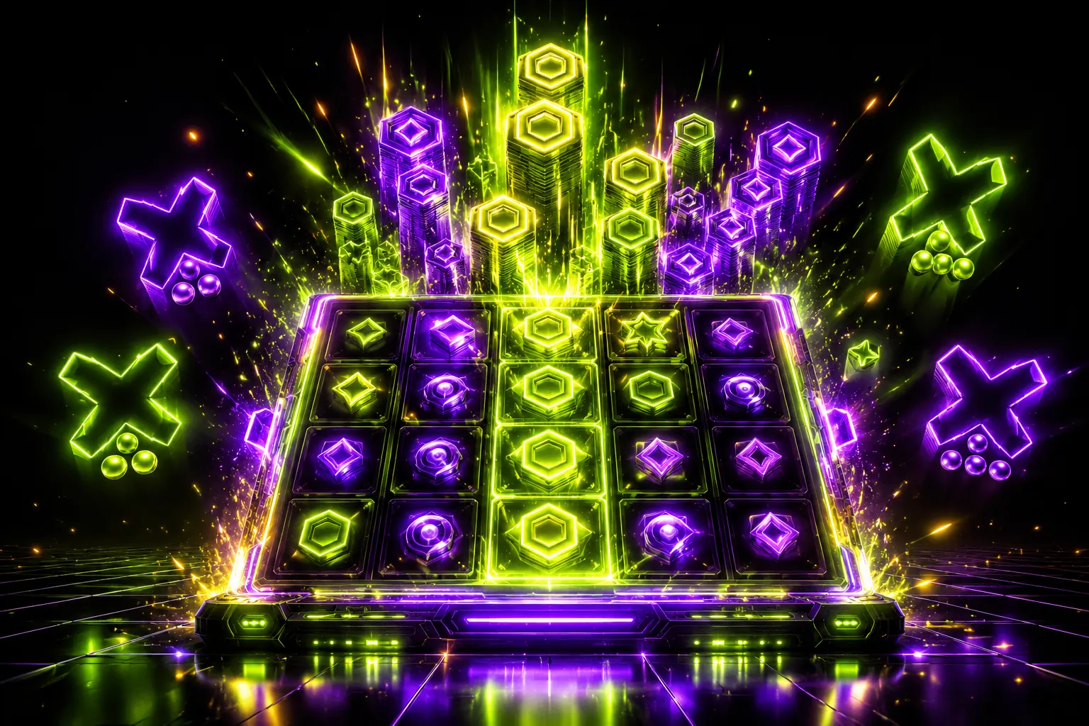 Neon 3D-raster van een gokkast met zich vermenigvuldigende symbolen en vermenigvuldigingstekens — x-mechanieken