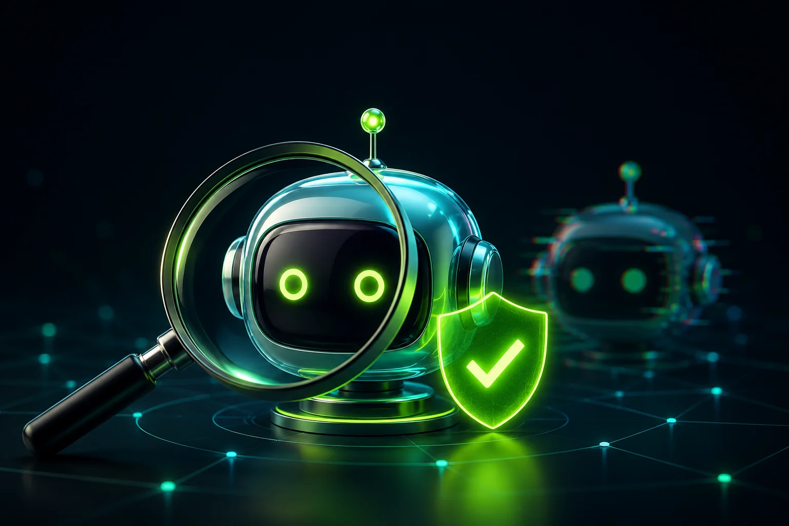 A friendly glass robot inspected by a magnifying glass beside a green shield with a check mark, a faint fake bot blurred behind, on a dark background
