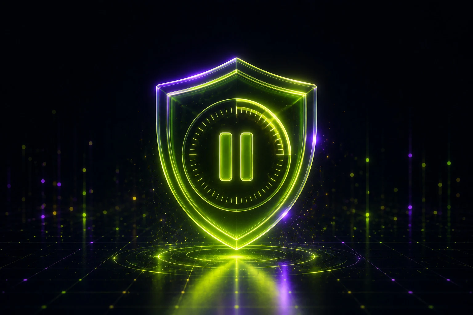Ein leuchtender neon-limettenfarbener Schild mit Pause-Symbol und einer runden Skala auf dunklem Hintergrund — Schutz und Limits
