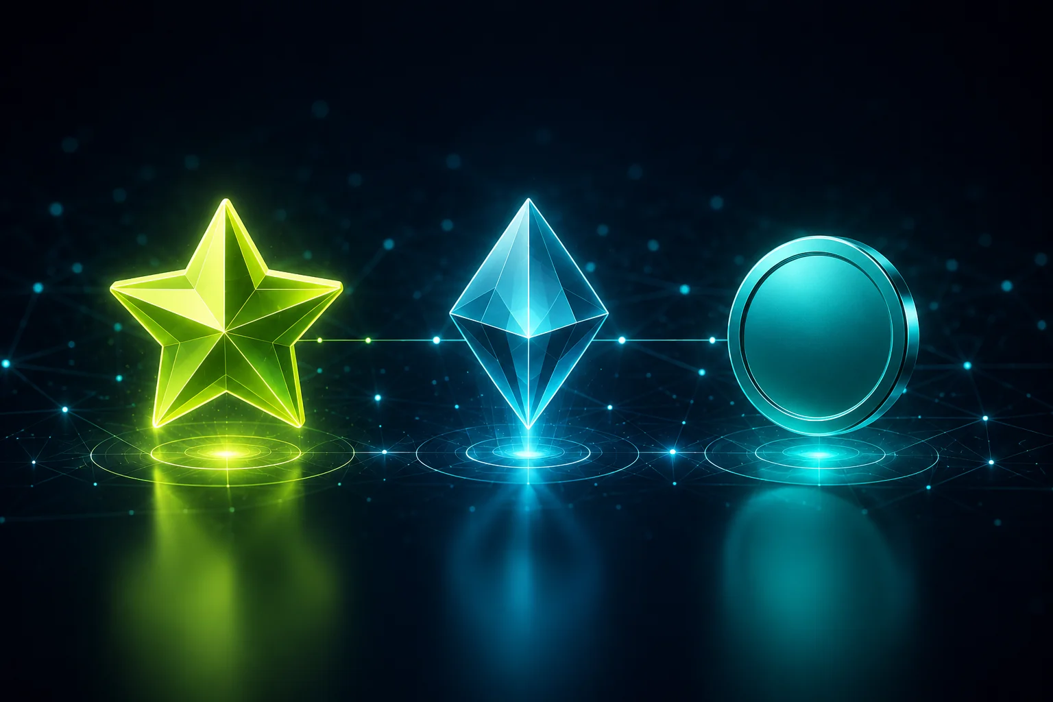 Drei leuchtende Token im Vergleich — ein Limetten-Stern, ein cyanfarbener Kristall und eine türkise Münze — vor dunklem Netzwerkhintergrund