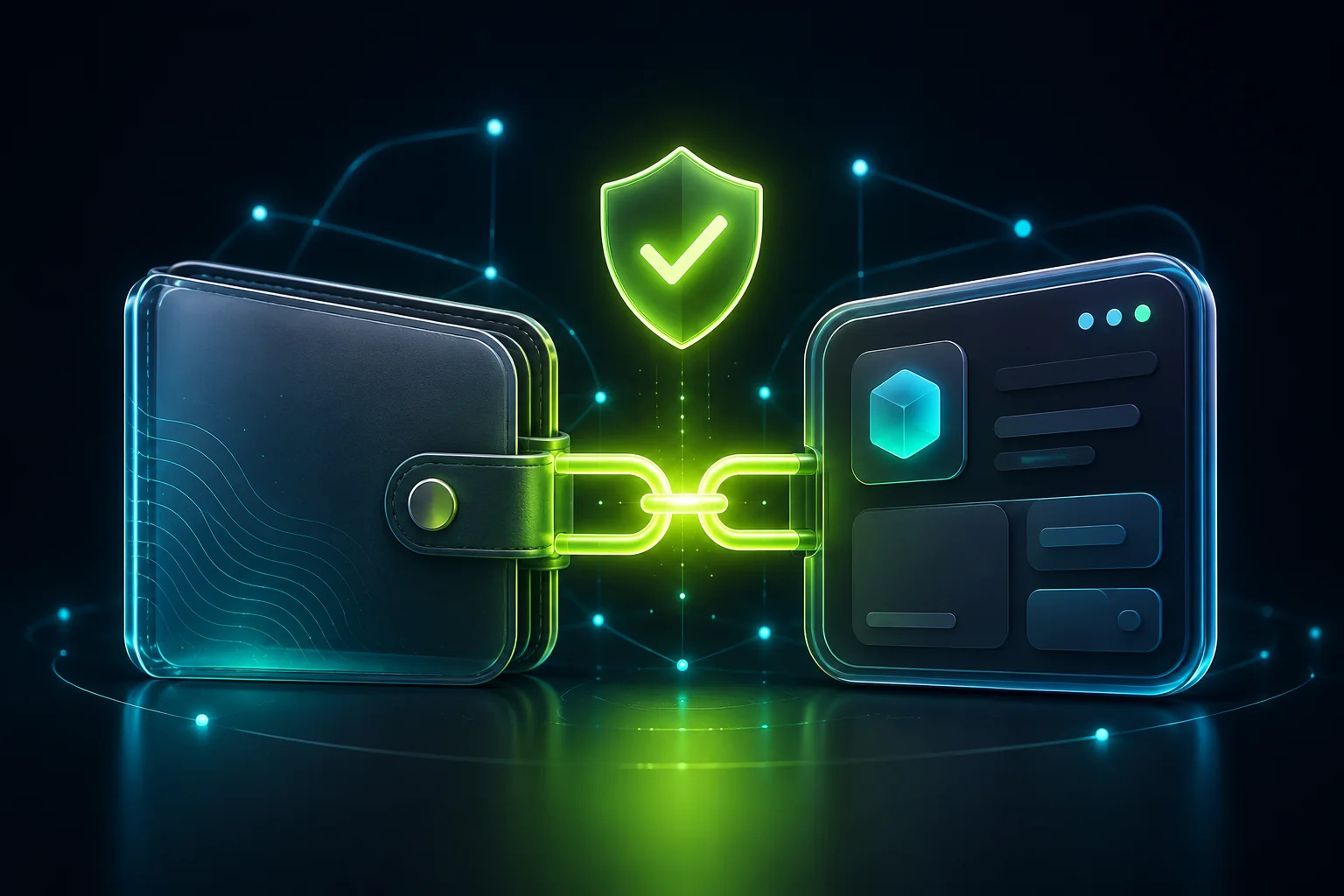 Ein Wallet und ein App-Panel, verbunden durch einen leuchtend grünen Link unter einem grünen Schild mit Häkchen, auf dunklem Hintergrund