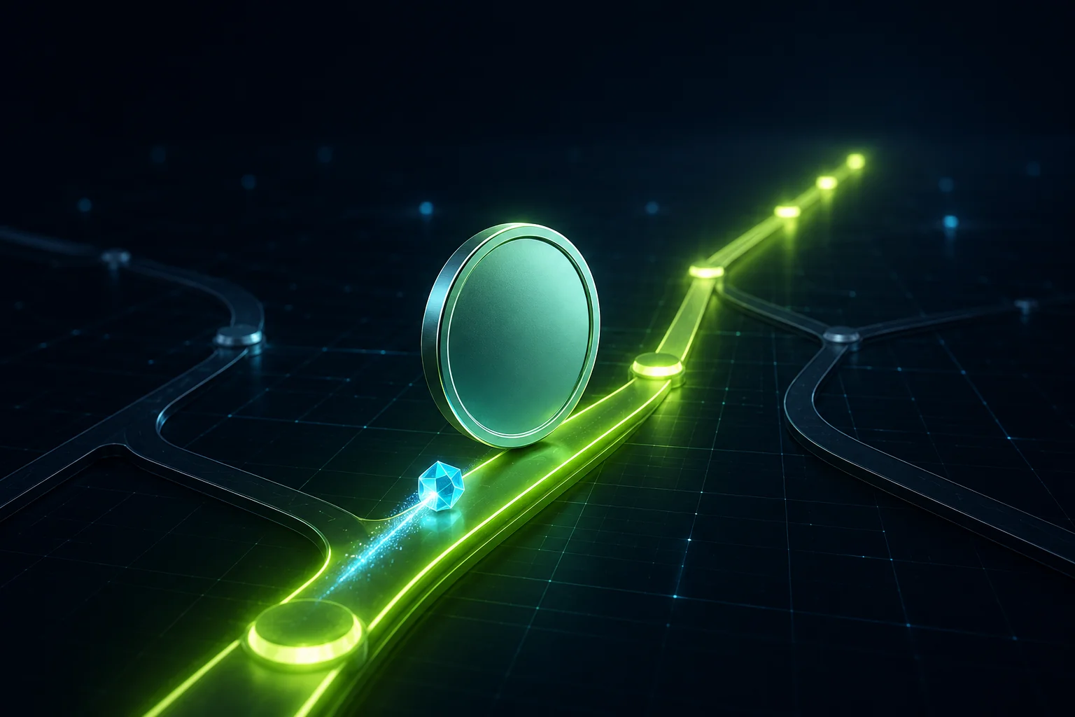 Eine türkise Stablecoin-Münze gleitet auf einer leuchtend grünen Netzwerkschiene mit cyanfarbenem Funken über einem dunklen Raster
