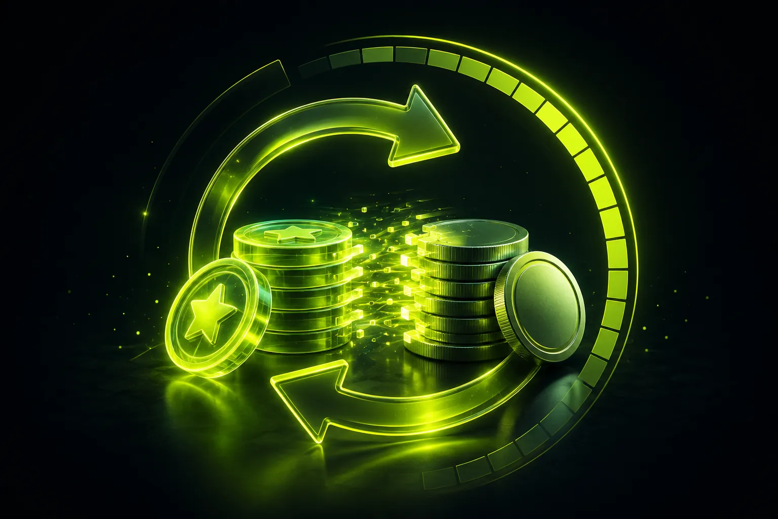 Stacks of glowing coins encircled by cyclical arrows and a progress ring on a dark background, a bonus-wagering rollover motif