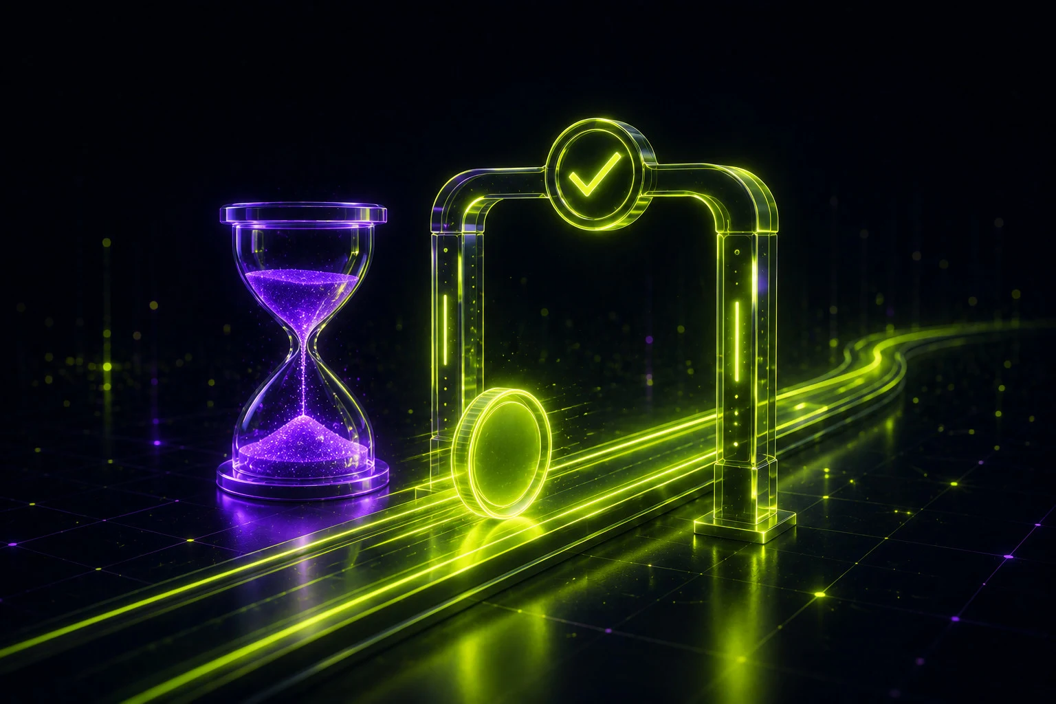 Eine leuchtende Münze rollt über eine neonlimonengrüne Bahn durch ein Prüf-Tor neben einer Sanduhr vor dunklem Hintergrund — Auszahlungsgeschwindigkeit und KYC