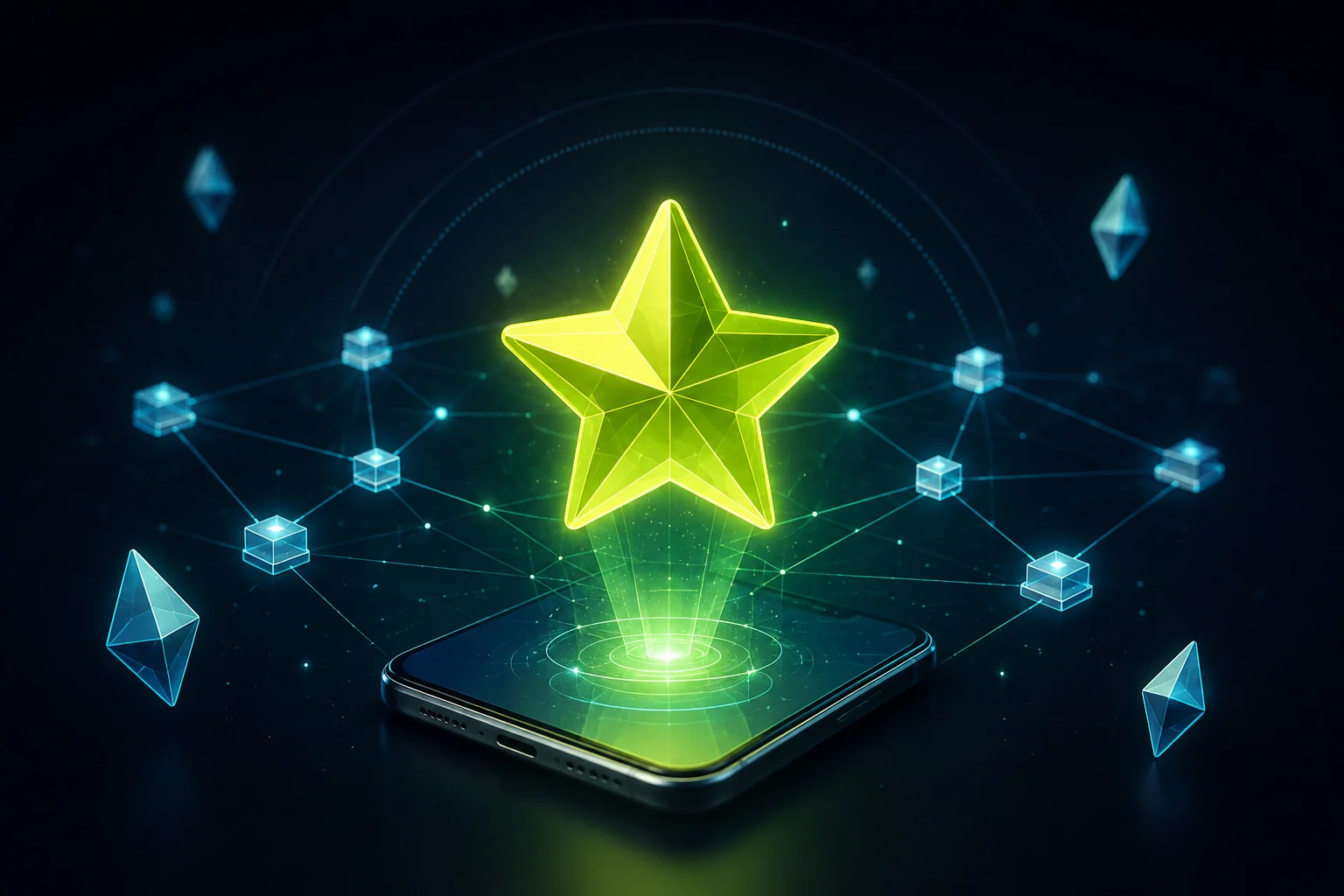 Telegram Stars und TON-Casinos — ein leuchtender grüner Stern-Token, der über einem mit einem Blockchain-Netzwerk verbundenen Smartphone schwebt